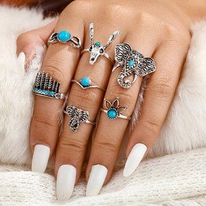 Deer Elephant Feather Moon Turquoise 7 Ring Set